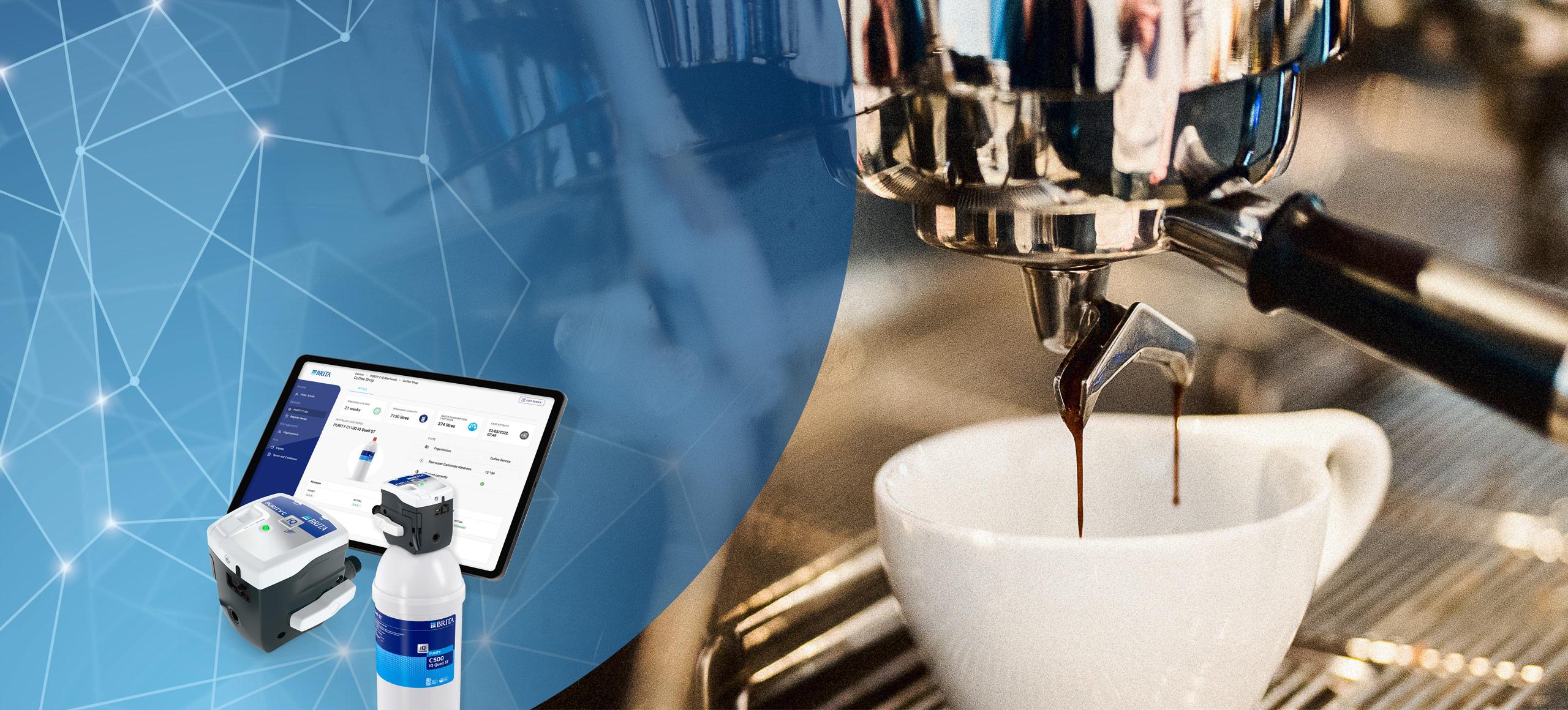Coffee being poured in a coffee cup and BRITA PURITY C iQ system.